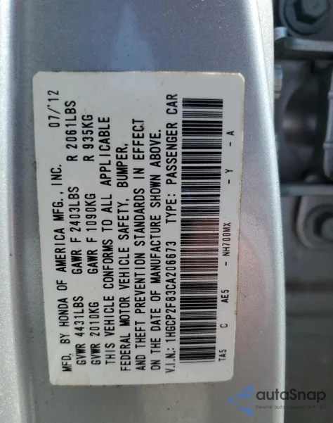 2012 Honda Accord Exl z USA, uszkodzony, nr VIN 1HGCP2F83CA206673